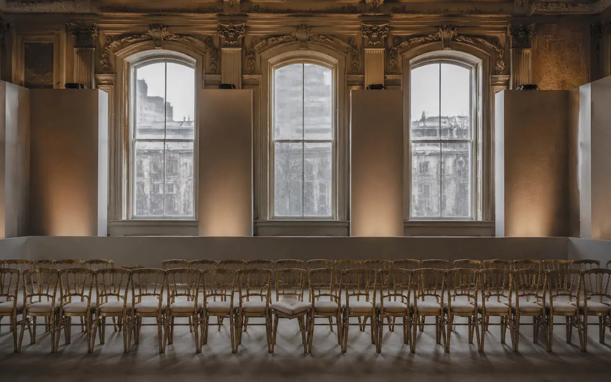 Empty front-row seating and a bare runway in a London show space before an audience arrives.